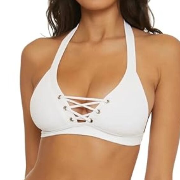 NWT BECCA By Rebecca Virtue Modern Edge Halter Bikini Top L White Corset Lace Up - Picture 1 of 9